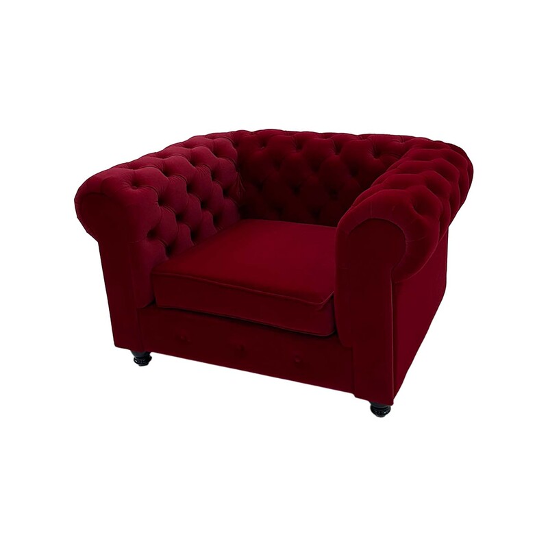 F-SF124-DR Botello single seater sofa in dark red velvet with gold feet