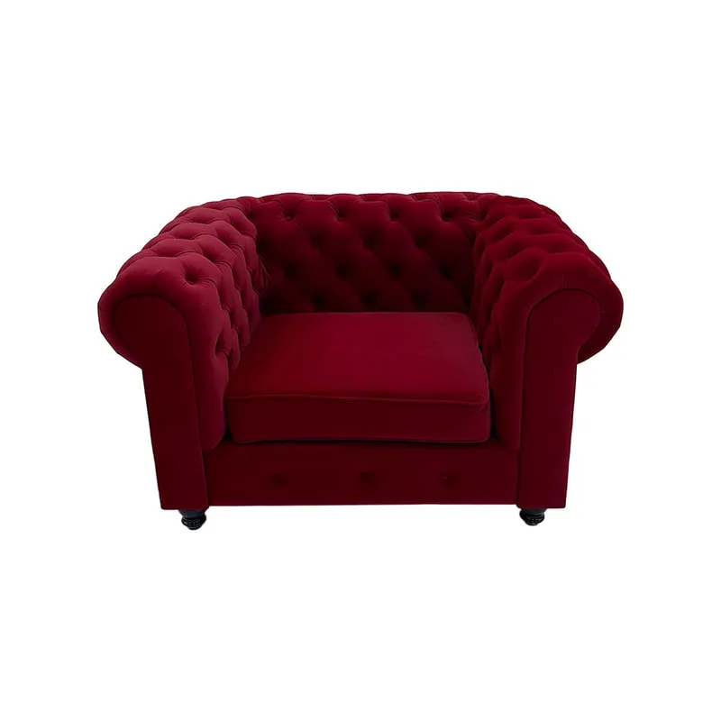 F-SF124-DR Botello single seater sofa in dark red velvet with gold feet