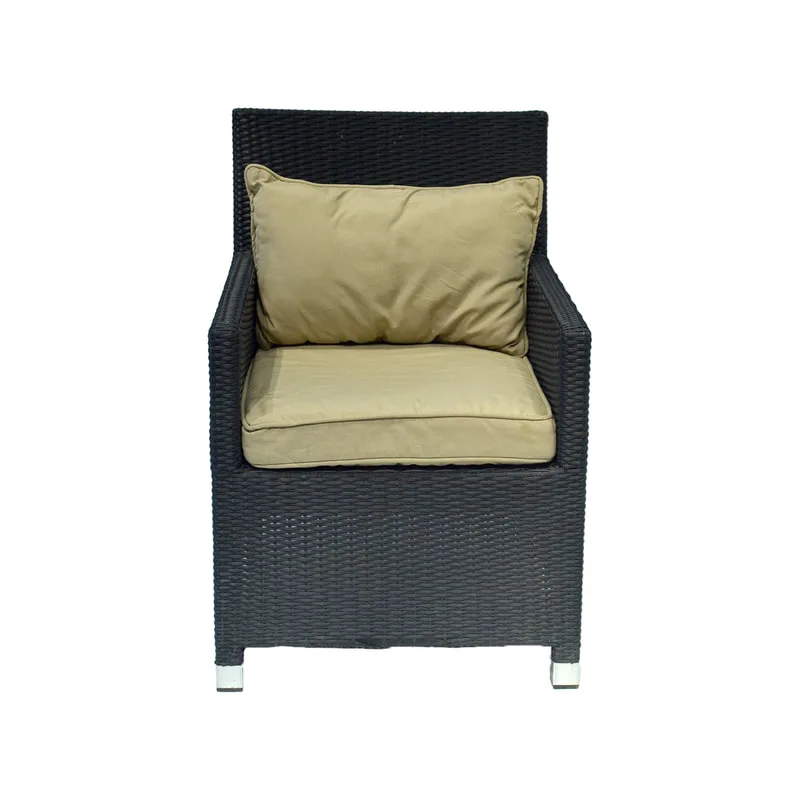 F-SN162-BD Gubi single seater sofa in dark grey rattan with beige cushions