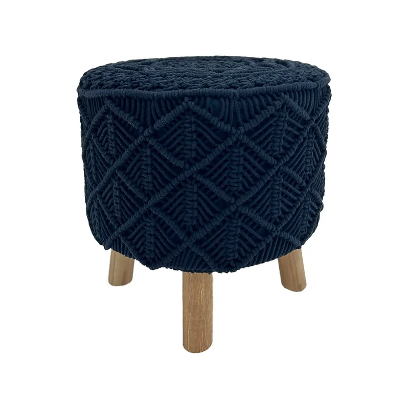 F-ST129-BL Natalia stool in black braided cotton with wooden legs