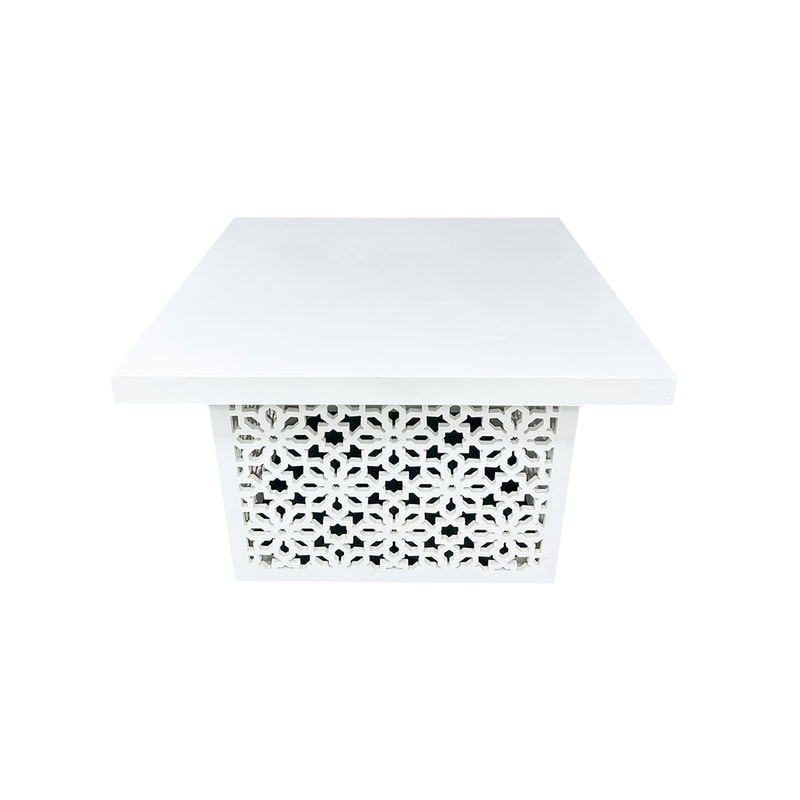 F-TA217-WH Marah square table in white with mashrabiya pattern frame