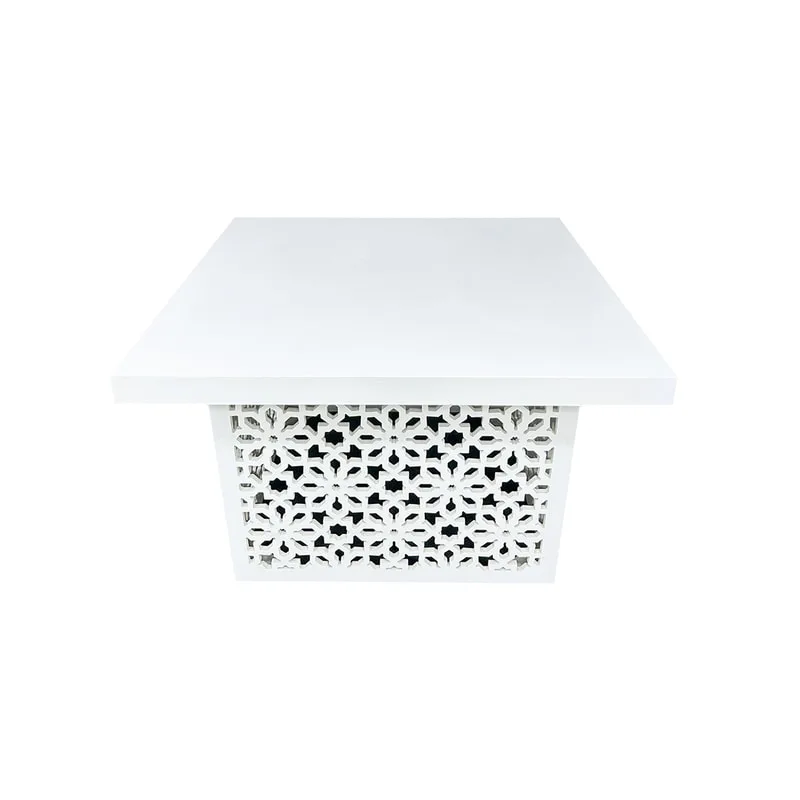 F-TA217-WH Marah square table in white with mashrabiya pattern frame