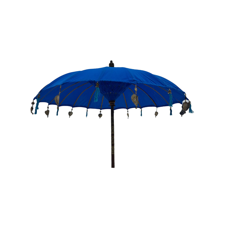 F-UM201-BU Balinese umbrella in blue with beads & a solid base