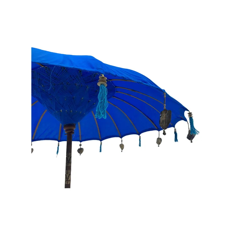 F-UM201-BU Balinese umbrella in blue with beads & a solid base