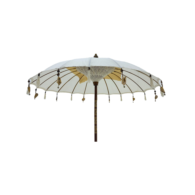 F-UM201-WH Balinese umbrella in white with beads & a solid base
