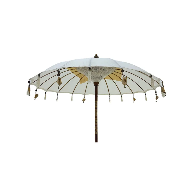 F-UM201-WH Balinese umbrella in white with beads & a solid base