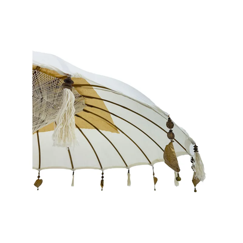 F-UM201-WH Balinese umbrella in white with beads & a solid base