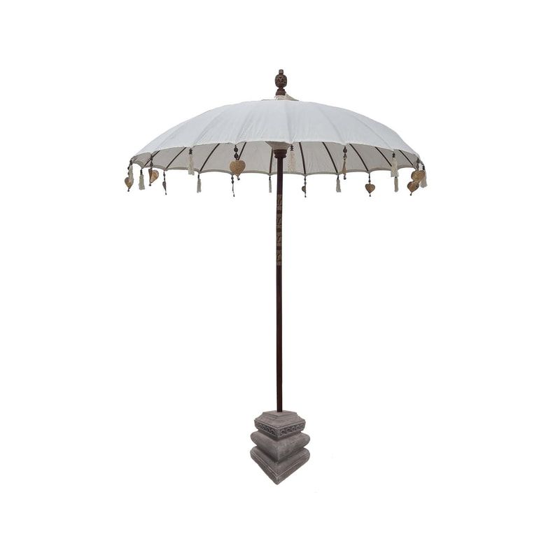 F-UM201-WH Balinese umbrella in white with beads & a solid base