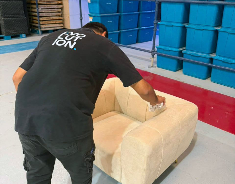 Event furniture carefully inspected and cleaned before delivery to a corporate event.