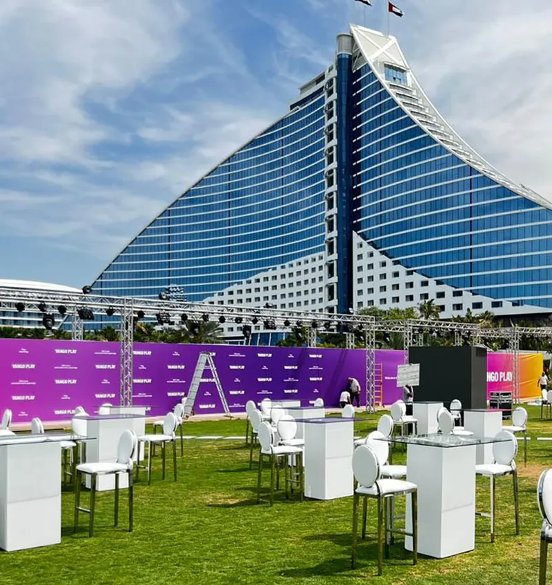 Luxury outdoor hospitality furniture installation at Jumeirah Beach Hotel.