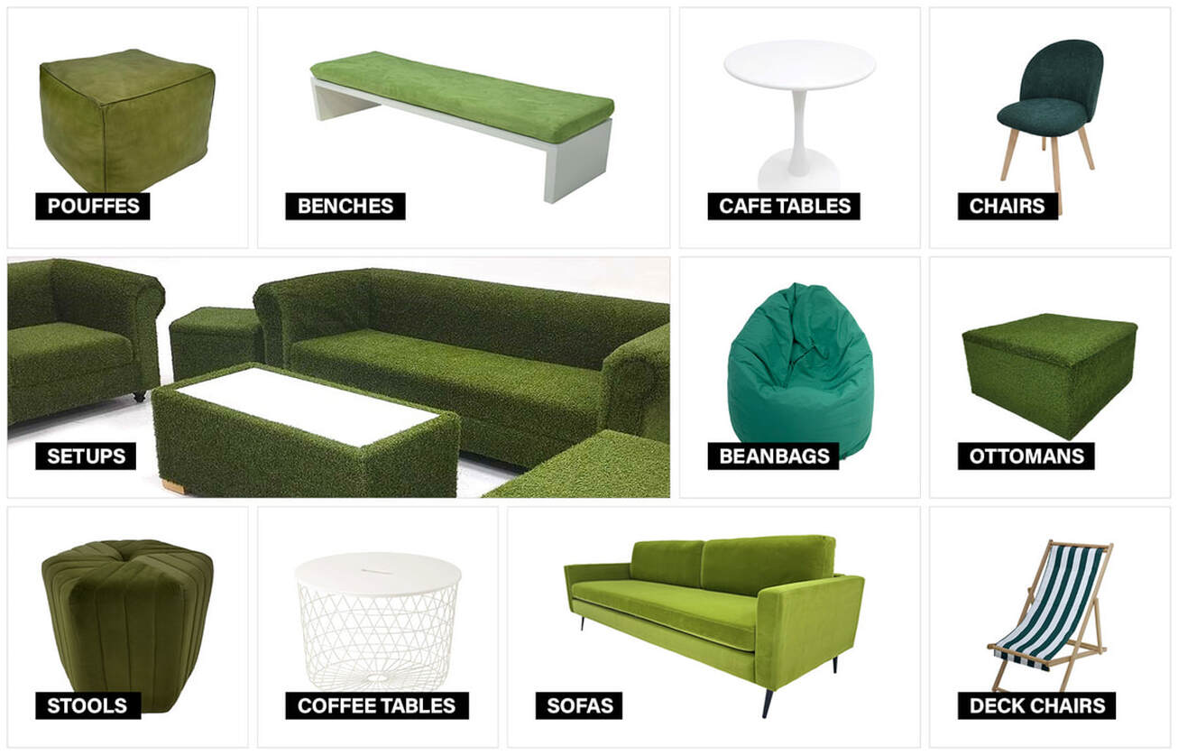Green furniture moodboard featuring natural tones for contemporary event environments.