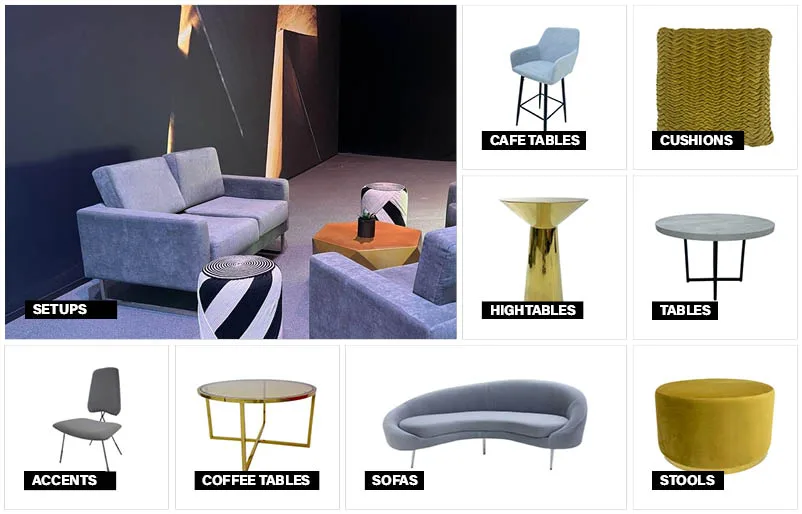 elegant grey and gold furniture for weddings, corporate events and luxury celebrations
