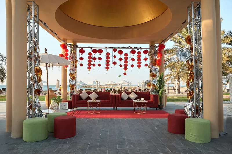 Stylish event furniture transforming Hilton Resort into multiple themed hospitality environments.
