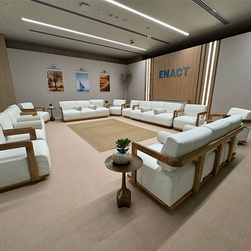 Neutral-toned modern majlis styled for a premium hospitality event