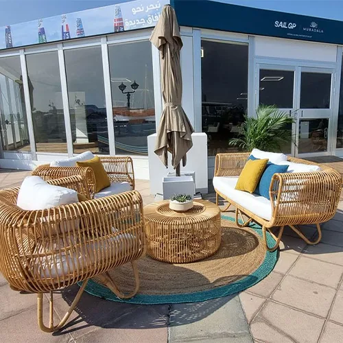 Outdoor lounge furniture complementing temporary hospitality structures at Mina Zayed.