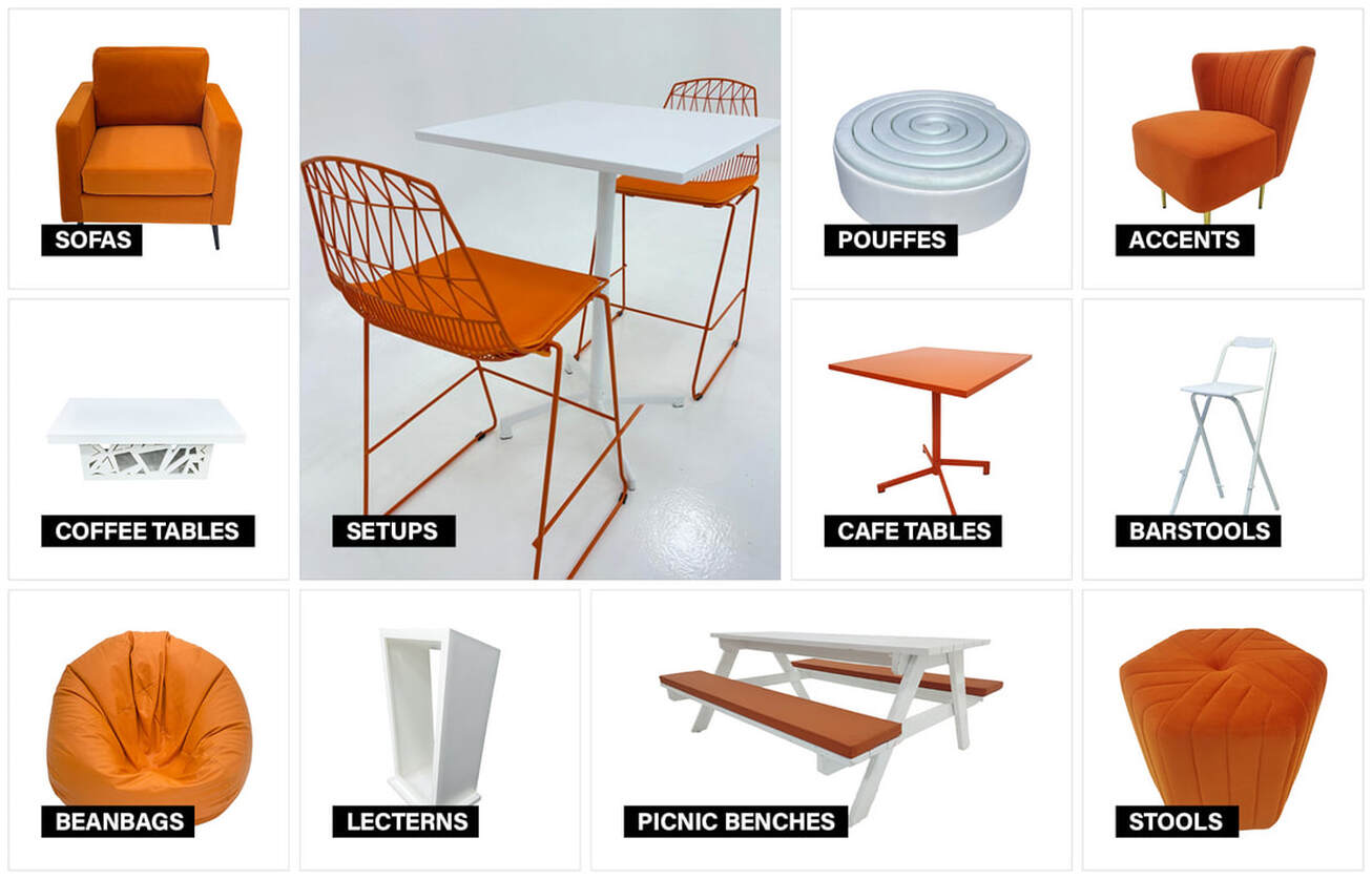 White and orange furniture moodboard featuring fresh tones for contemporary event environments.