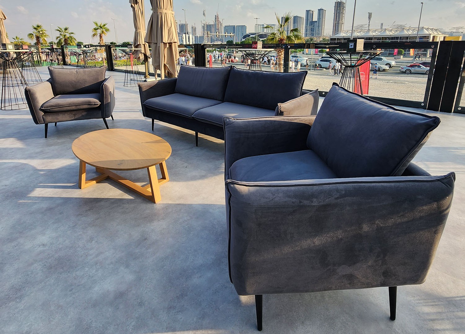 Stylish hospitality seating integrated into a themed temporary event interior by Evolution Furniture.