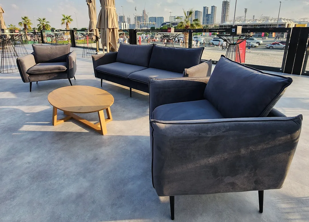 Stylish hospitality seating integrated into a themed temporary event interior by Evolution Furniture.