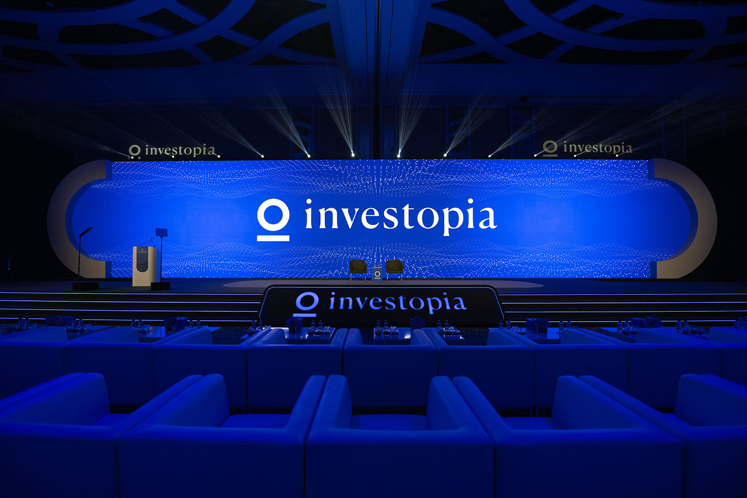 Premium event furniture supplied and installed by Evolution Furniture for Investopia 2024.