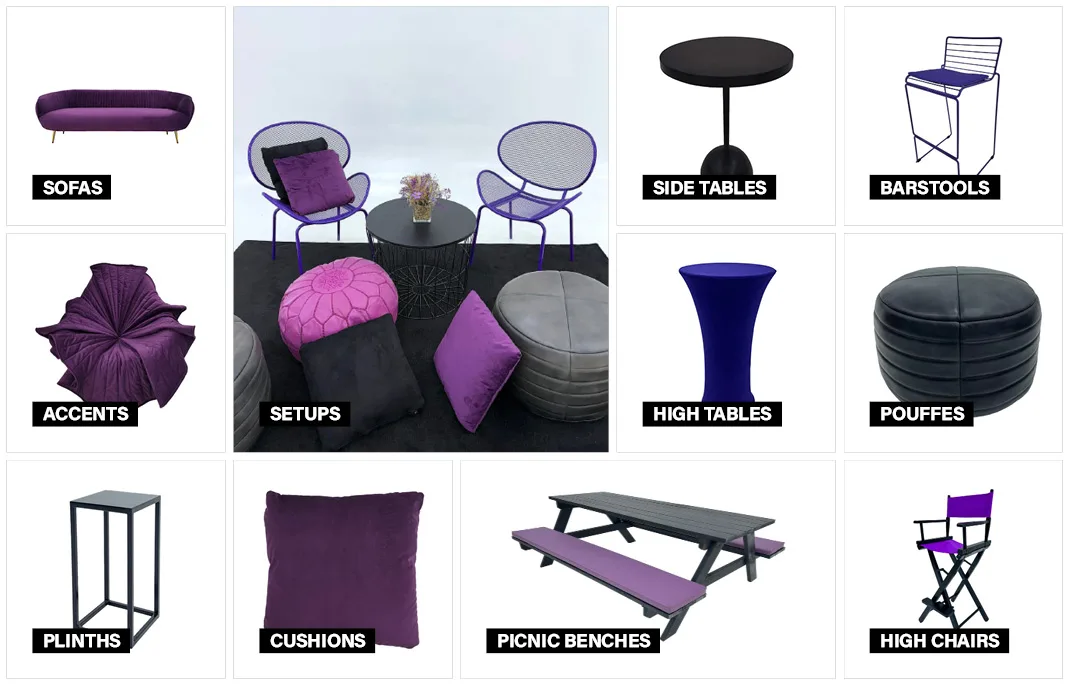 purple and black furniture collection moodboard featuring coordinated event furniture