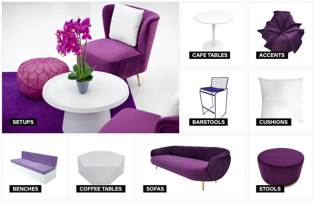 Evolution Furniture Purple and White Collection moodboard featuring sophisticated furniture and styling inspiration.