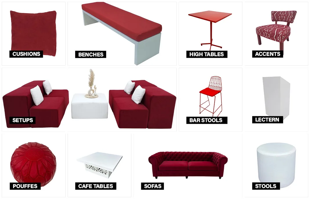 Red and white furniture collection moodboard designed for vibrant events and stylish hospitality spaces.