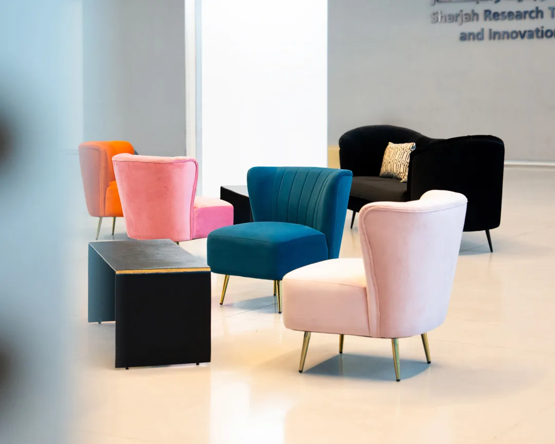 Comfortable hospitality seating designed for a business event in Sharjah.