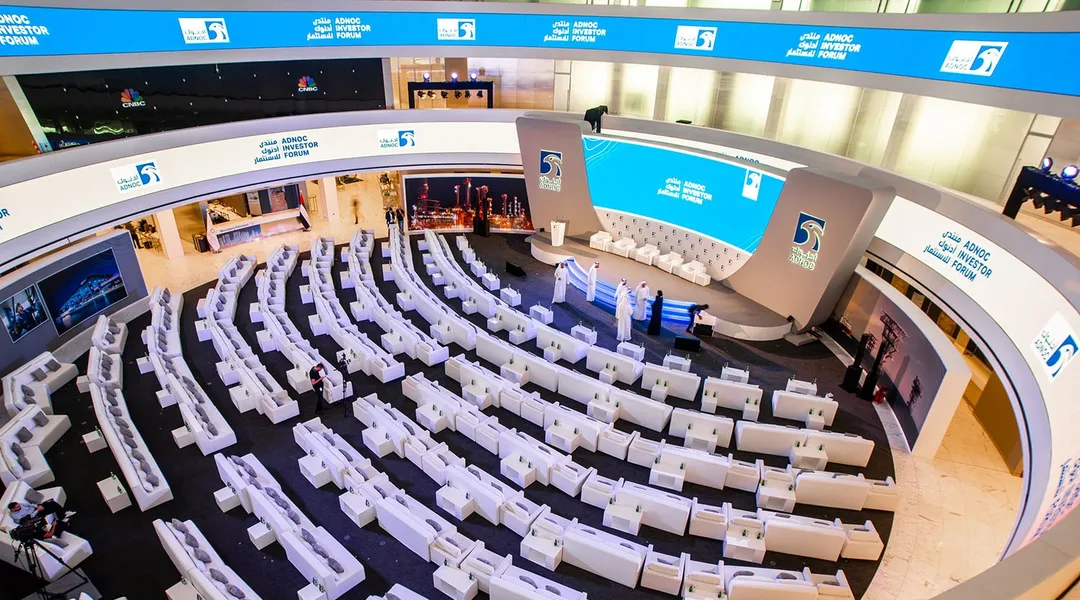 Evolution Furniture VVIP lounge seating installed for the ADNOC Investor Forum in Abu Dhabi.