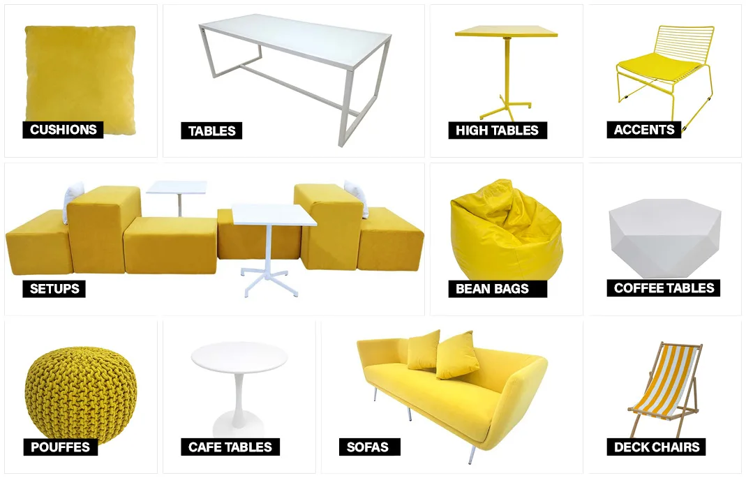Yellow furniture moodboard featuring bold tones for contemporary event environments.